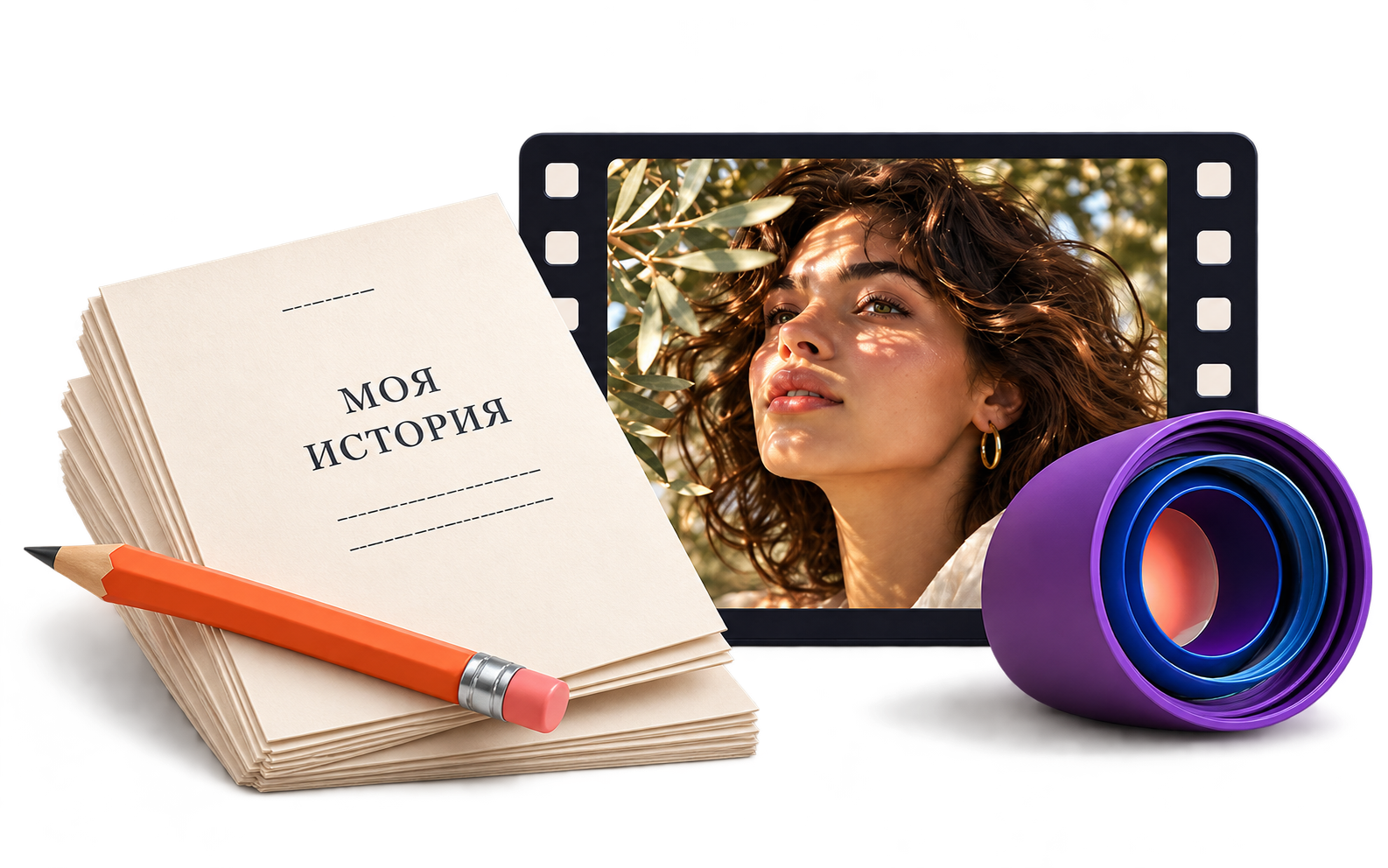 Сценарий, коралловый карандаш и портрет героини в киноплёнке